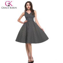 Grace Karin New Cotton Black White Polka Dots curto profundo V-Neck retro vintage vestido CL6295-1 #